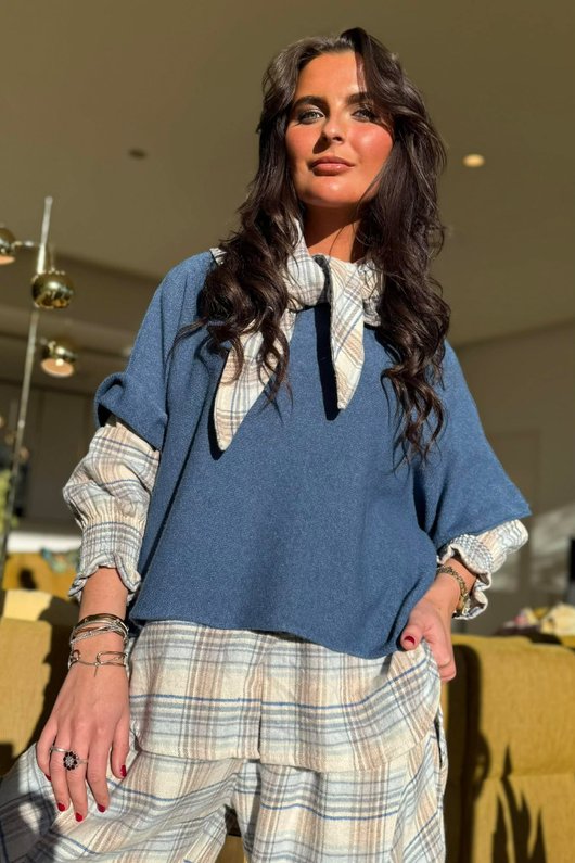 Agnes Plaid Brushed Cotton Neckerchief Blouse Blue